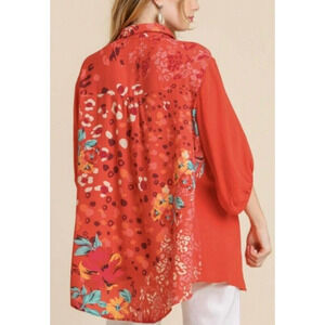 Umgee Blouse Top Woman Med Linen Blend Oversized Tunic Orange Floral Boho Office